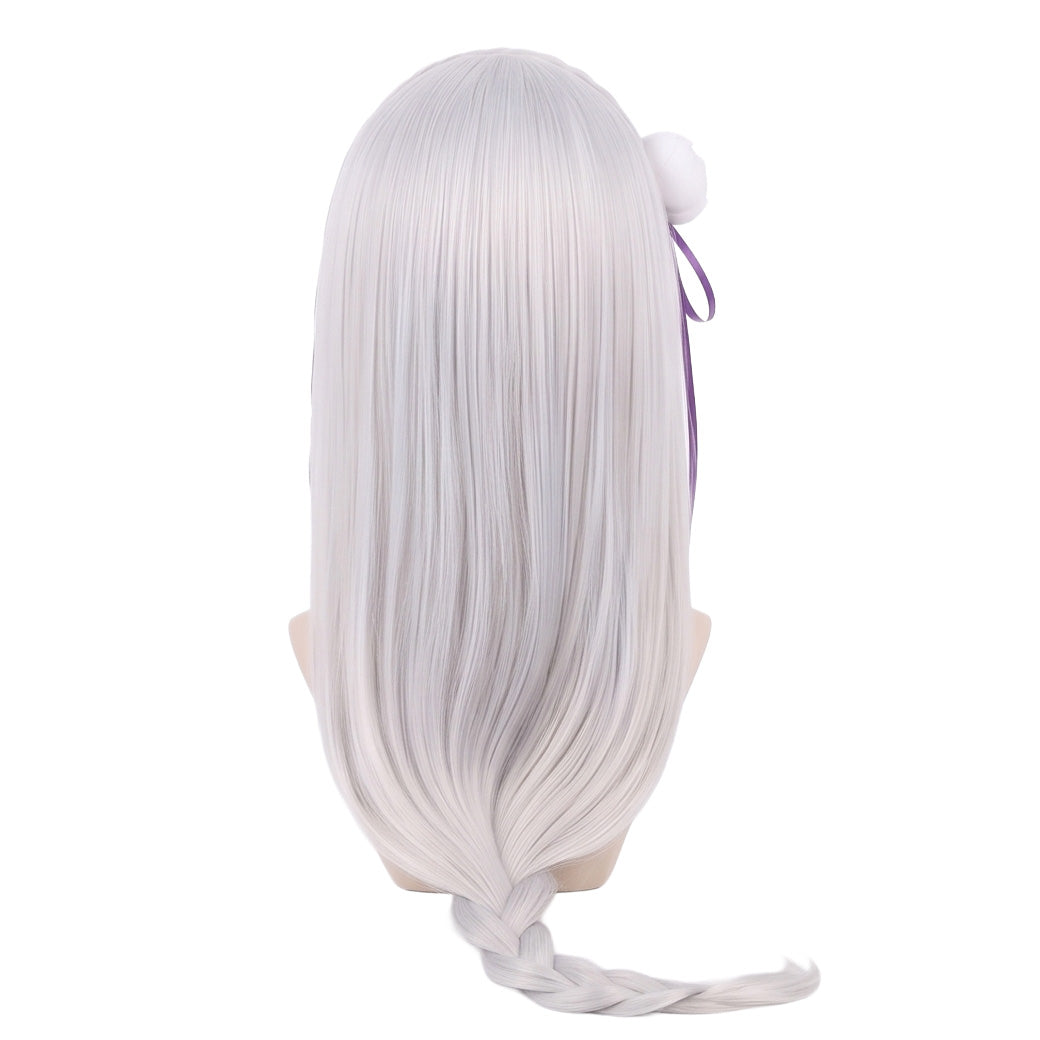 Back view of long straight Emilia cosplay wig