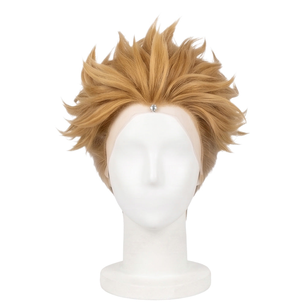 Front view of Enjin cosplay wig with spiky blond hair