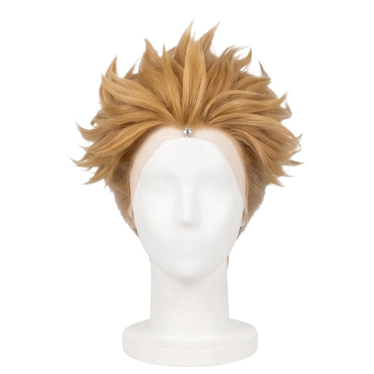 Front view of Enjin cosplay wig with spiky blond hair