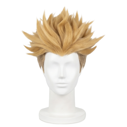 Front view of Enjin cosplay wig with spiky blond hair