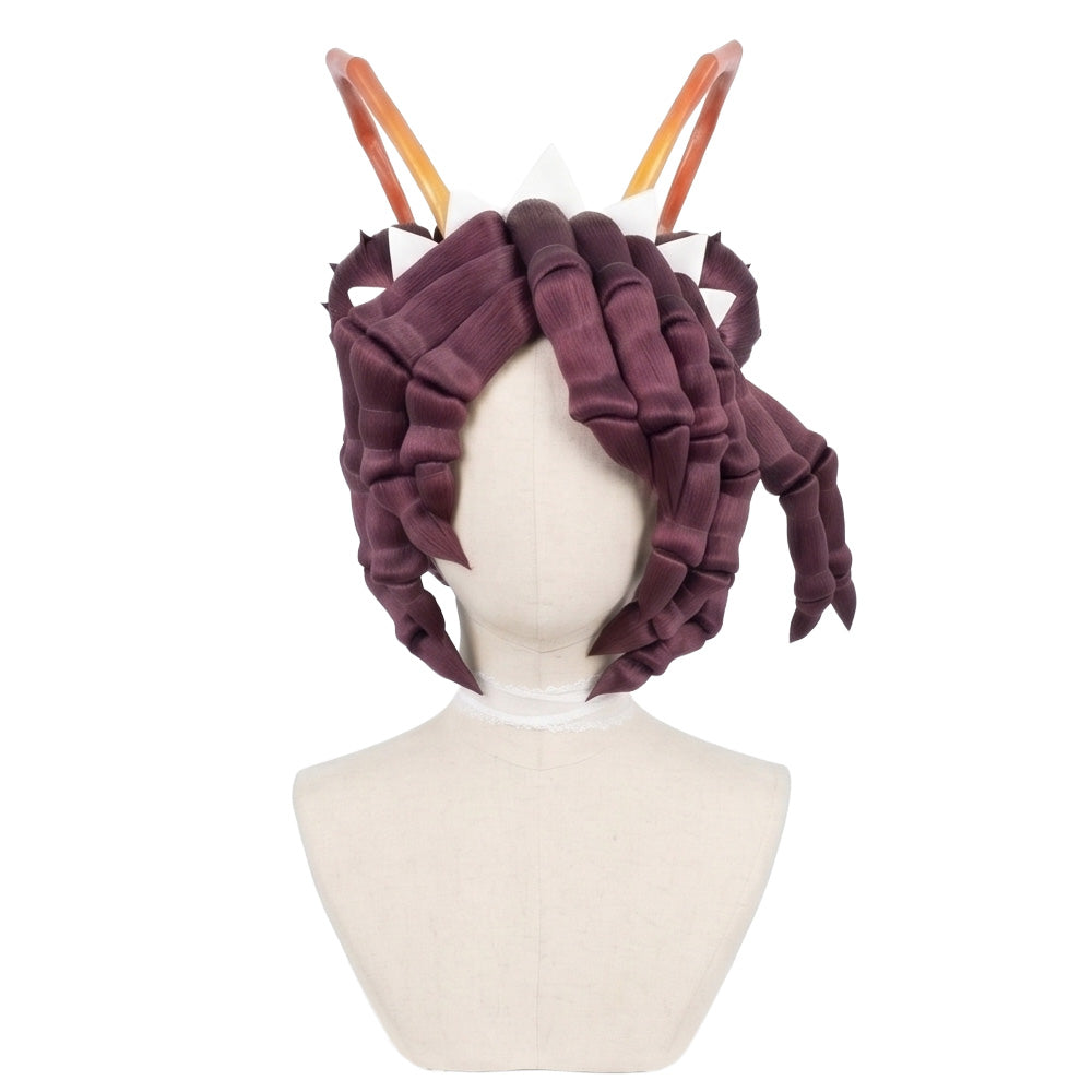 Front view of Entoma Vasilissa Zeta cosplay wig with mauve twin chignons