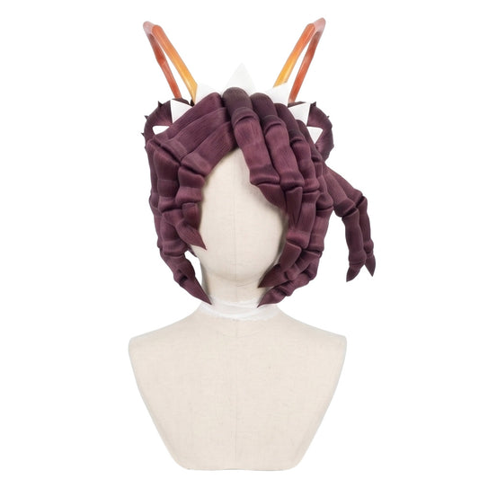 Front view of Entoma Vasilissa Zeta cosplay wig with mauve twin chignons