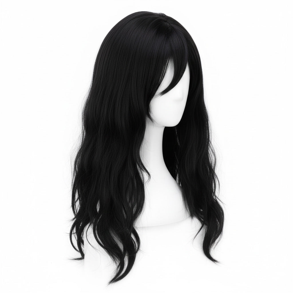 Unstyled Eraser Head wig showing natural black texture and length