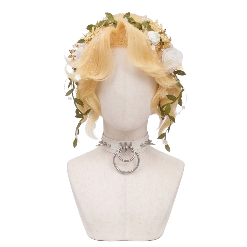 Gardener Eternal Summer Shall Not Fade cosplay wig from Identity V featuring a handcrafted golden blonde wavy hairstyle with soft curls, floral headpiece, and elegant summer character styling