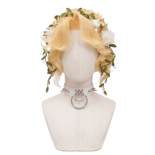 Gardener Eternal Summer Shall Not Fade cosplay wig from Identity V featuring a handcrafted golden blonde wavy hairstyle with soft curls, floral headpiece, and elegant summer character styling