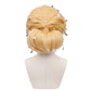 Back view of Gardener Emma Woods cosplay wig featuring flowing golden blonde layers, smooth wavy texture, and decorative floral elements for the Identity V costume look