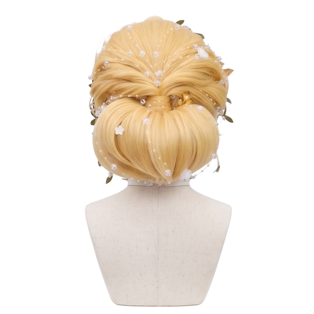 Back view of Gardener Emma Woods cosplay wig featuring flowing golden blonde layers, smooth wavy texture, and decorative floral elements for the Identity V costume look