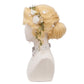 Side view of Gardener Emma Woods wig showing blonde layered waves, face-framing curls, botanical leaf details, and floral accessories from Identity V cosplay design