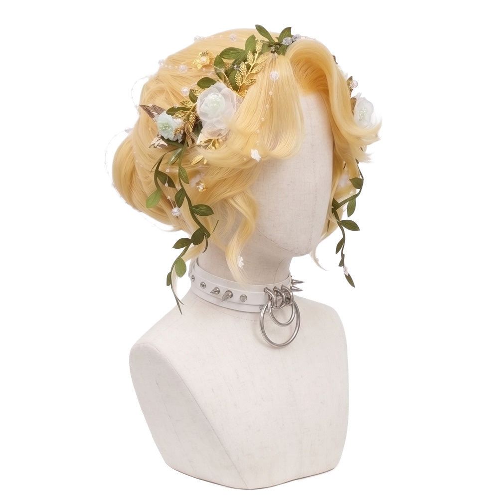 3/4 view of Gardener Eternal Summer Shall Not Fade wig displaying soft blonde curls, romantic floral crown details, and handcrafted Identity V character hairstyle design