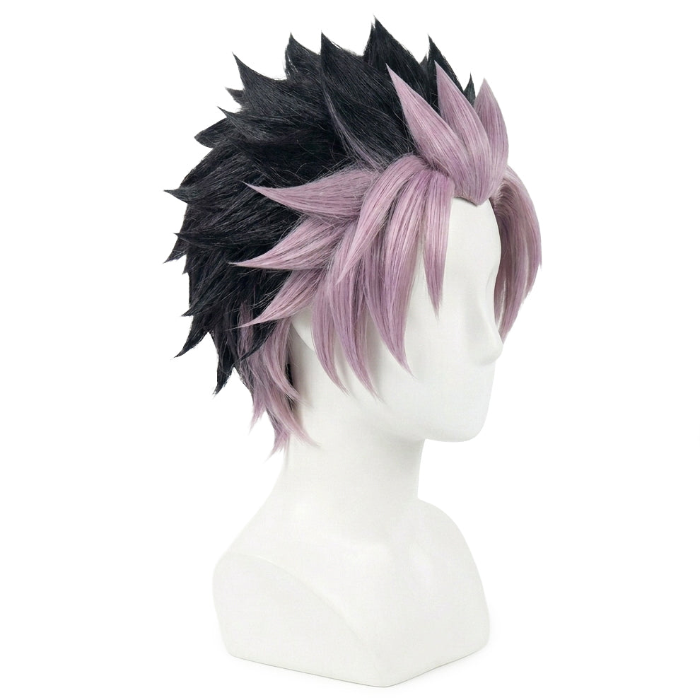 Side view of Gen Narumi black and ppink spiky wig on a mannequin head against a white background