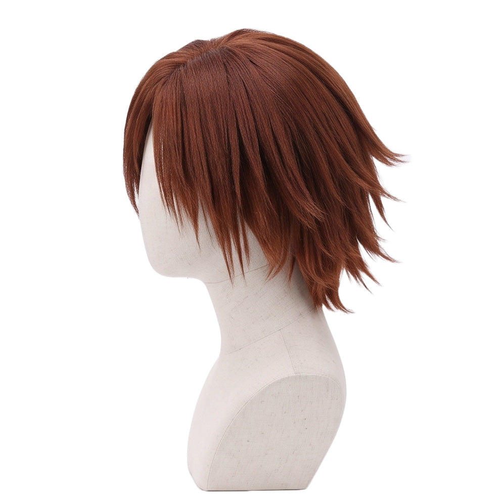 Left side view of Final Fantasy Genesis Rhapsodos medium brown cosplay wig