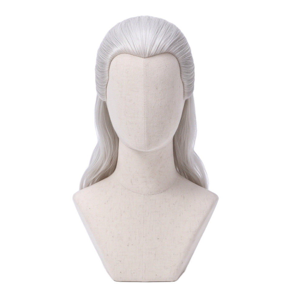 Geralt of Rivia cosplay wig from The Witcher with long silver hair and a tied-back styling base