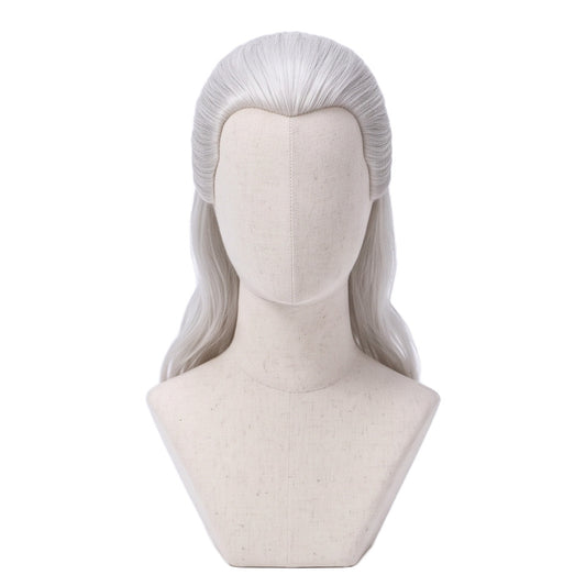 Geralt of Rivia cosplay wig from The Witcher with long silver hair and a tied-back styling base