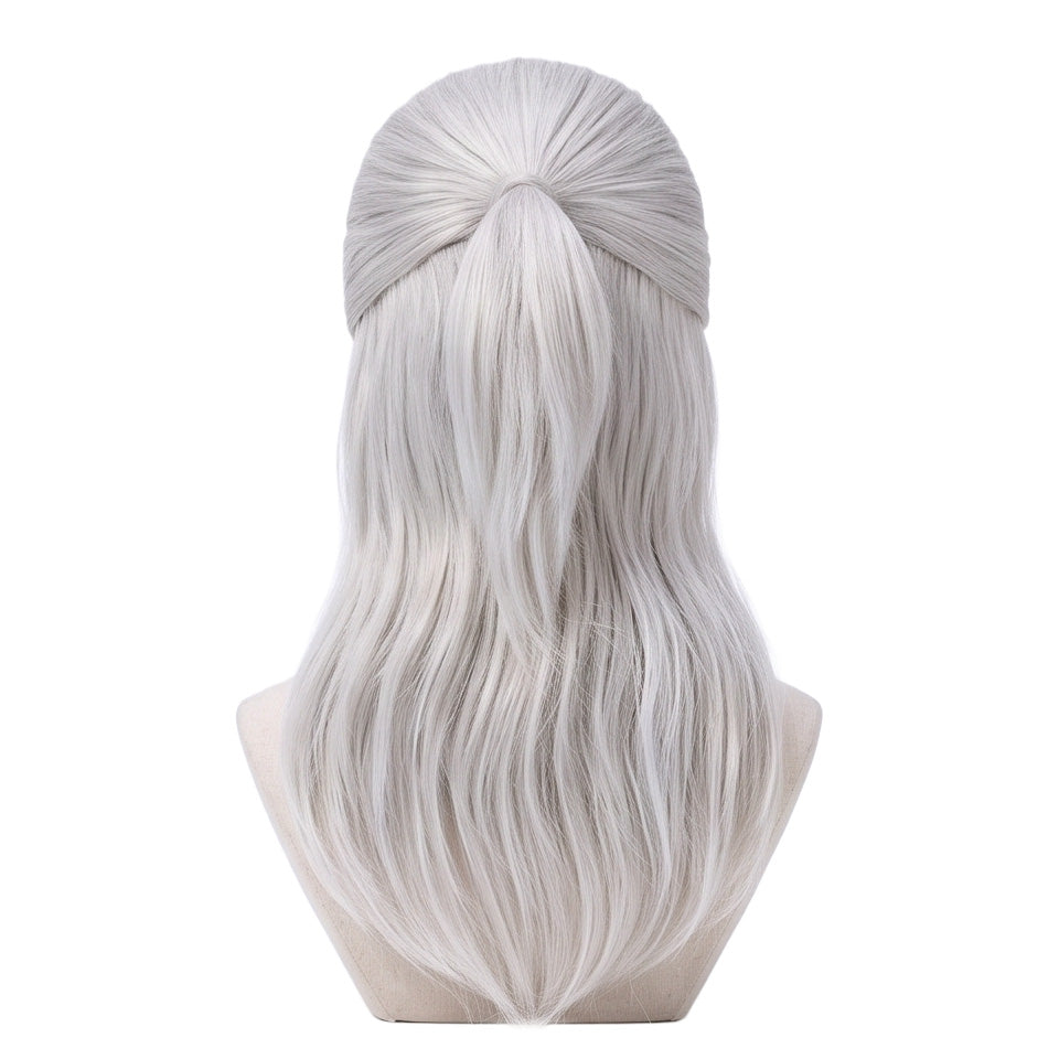 Back view of Geralt of Rivia cosplay wig showing long silver hair designed for a tied-back hairstyle