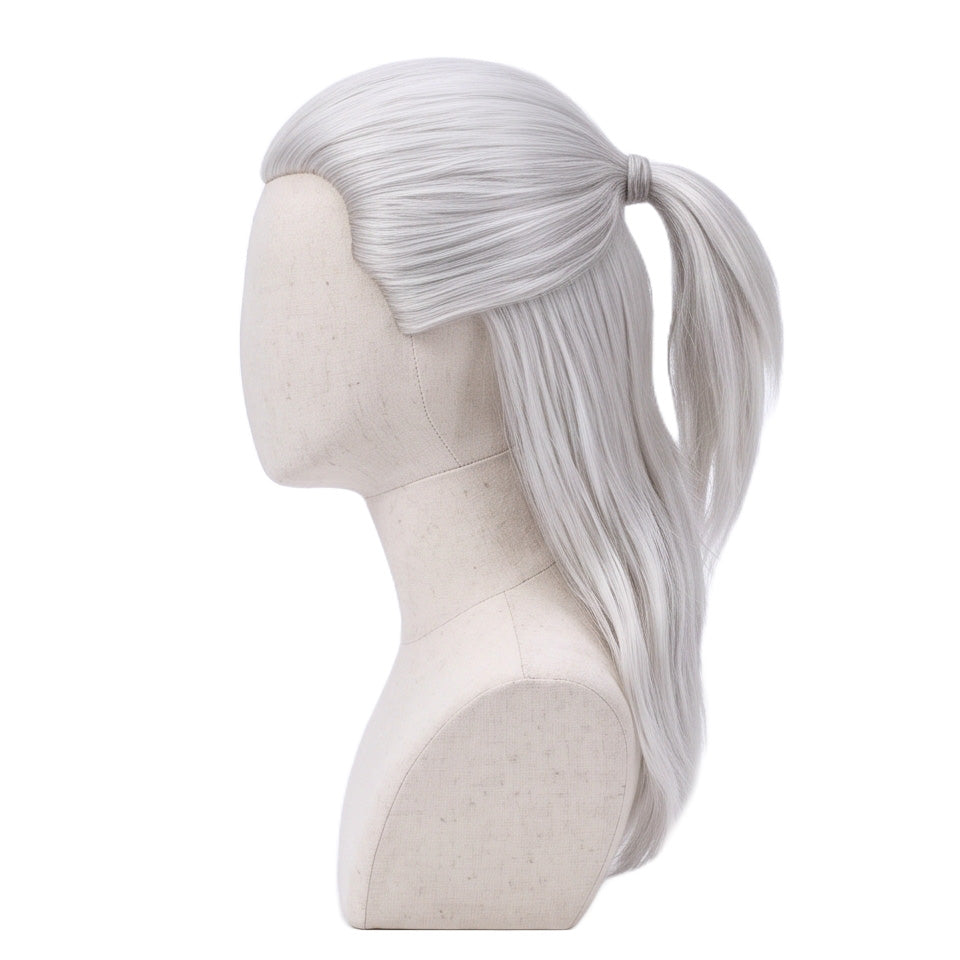 Left side view of Geralt of Rivia The Witcher cosplay wig with long silver hair