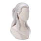 Three-quarter view of Geralt of Rivia cosplay wig showing long silver hair and layered styling