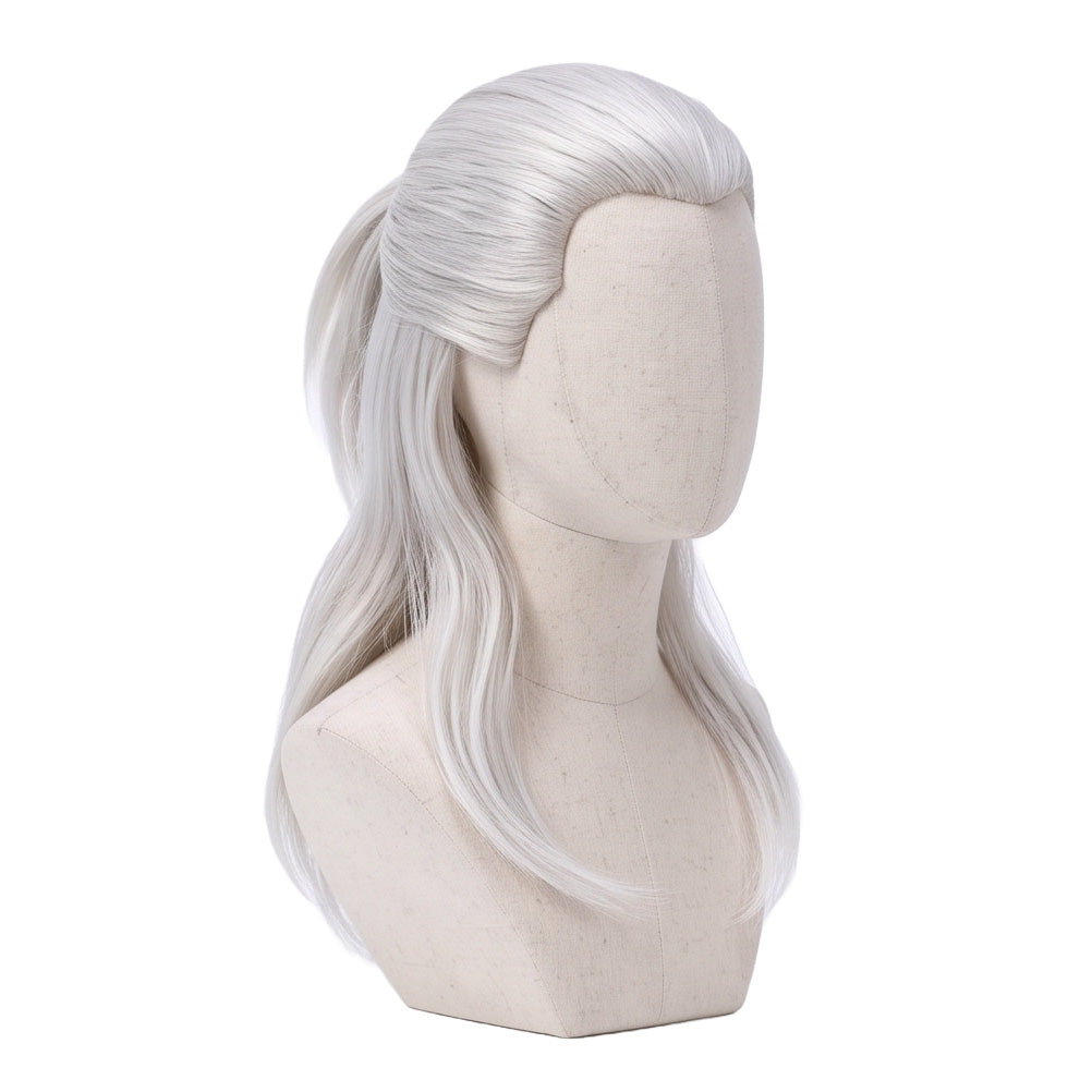 Three-quarter view of Geralt of Rivia cosplay wig showing long silver hair and layered styling
