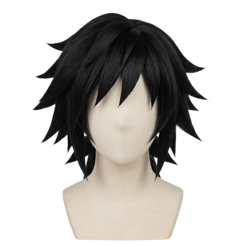Front view of Giyu Tomioka cosplay wig with choppy raven-black hair
