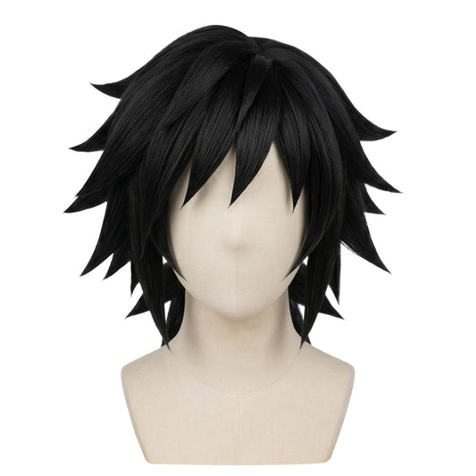 Front view of Giyu Tomioka cosplay wig with choppy raven-black hair