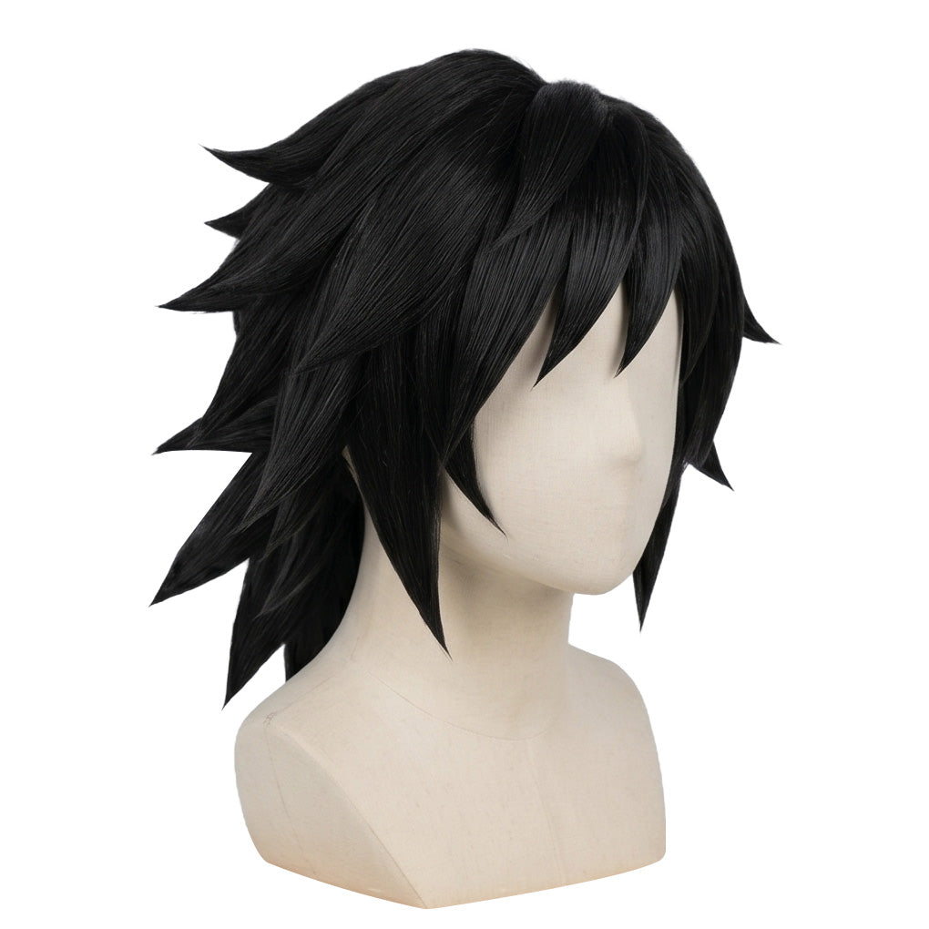 Side view of Water Hashira wig showing uneven layered cut and bangs