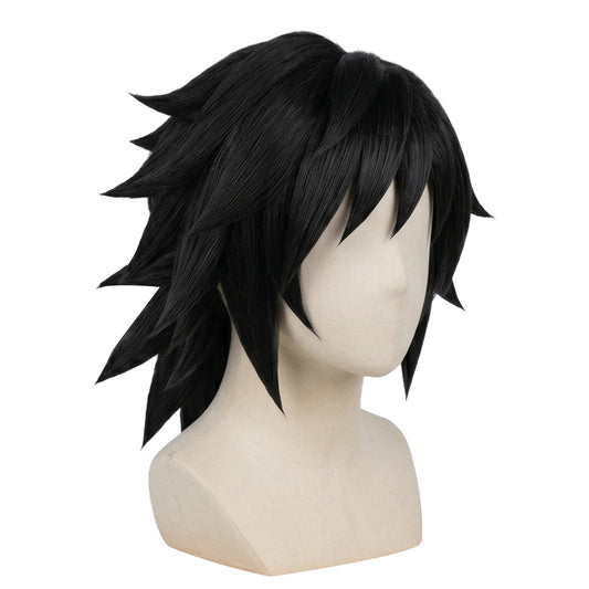 Side view of Water Hashira wig showing uneven layered cut and bangs