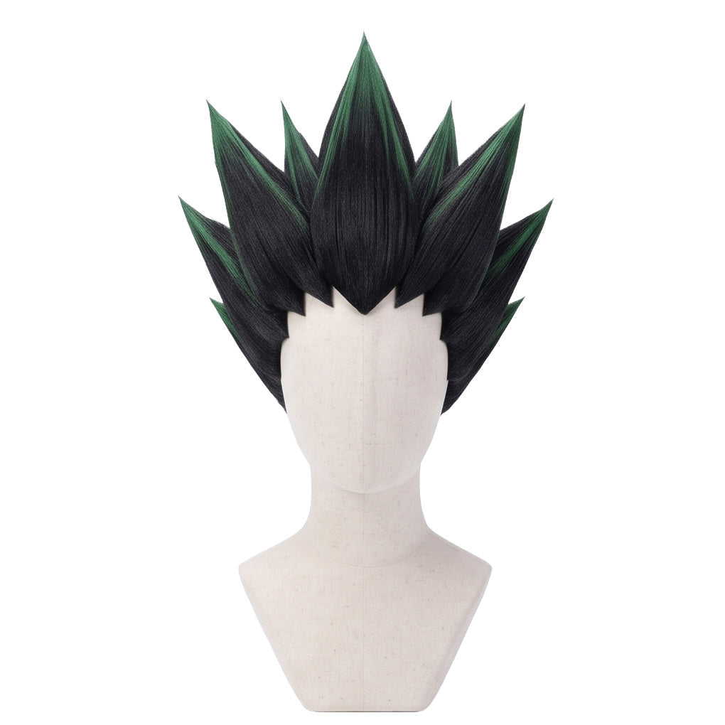 Gon Freecss cosplay wig from Hunter × Hunter featuring a handcrafted dark green spiky anime hairstyle with upright pointed layers and character-accurate styling