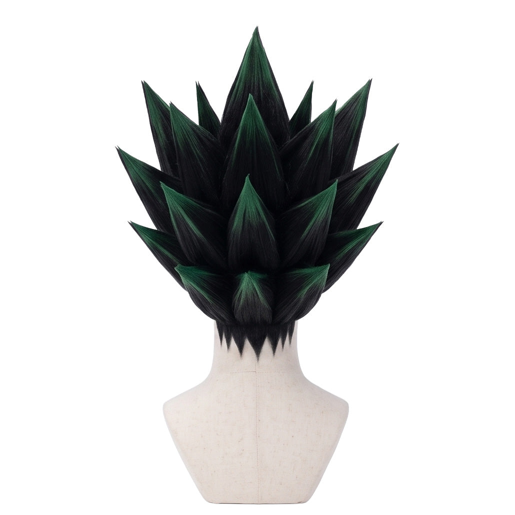 Back view of Gon Freecss wig featuring layered dark green spikes, structured anime hair texture, and the signature Hunter × Hunter hairstyle silhouette