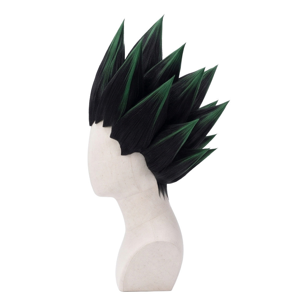Side view of Gon Freecss wig showing tall green spiked hair, textured layered fibers, and professionally styled Hunter × Hunter cosplay wig details