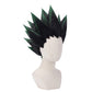 3/4 view of Gon Freecss cosplay wig displaying dynamic dark green spikes, bold anime hairstyle shape, and handcrafted character wig design