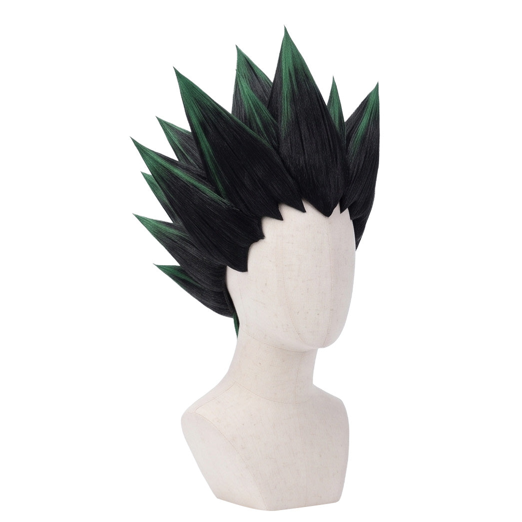 3/4 view of Gon Freecss cosplay wig displaying dynamic dark green spikes, bold anime hairstyle shape, and handcrafted character wig design
