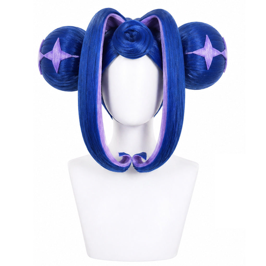 Front view of Guinevere cosplay wig with spherical double buns and long side bangs