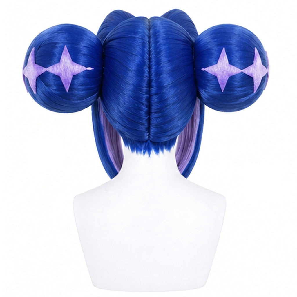 Back view of Guinevere wig displaying large double buns and smooth hair texture