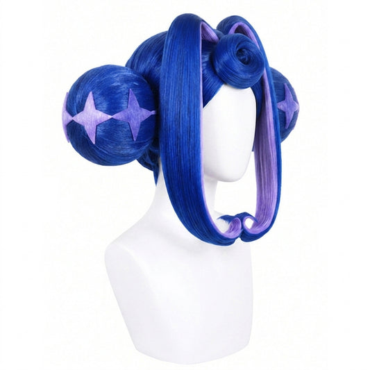 Gwen cosplay wig right side view showing lilac underside of side bangs and diamond-shaped highlights in buns