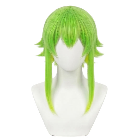 GUMI cosplay wig with bright green layered fibers for custom styling