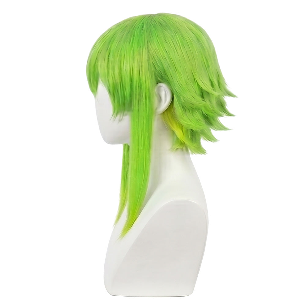 Side view of green GUMI wig showing layered anime-style construction