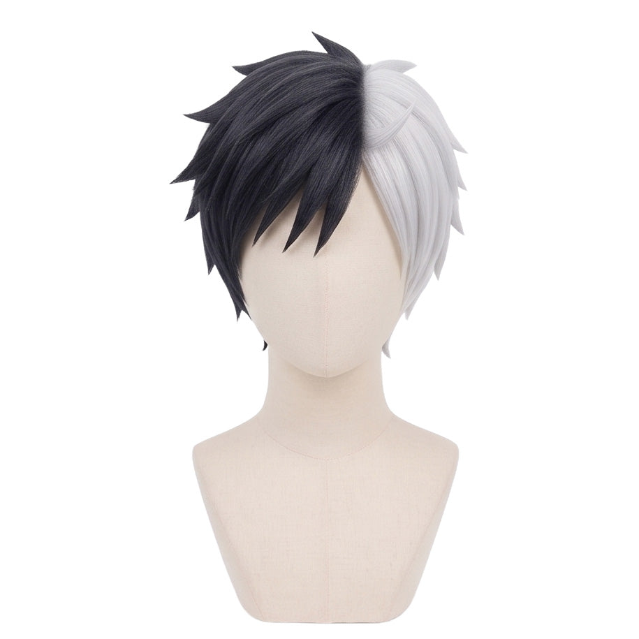Front view of Haruka Sakura cosplay wig with half black and half white hair