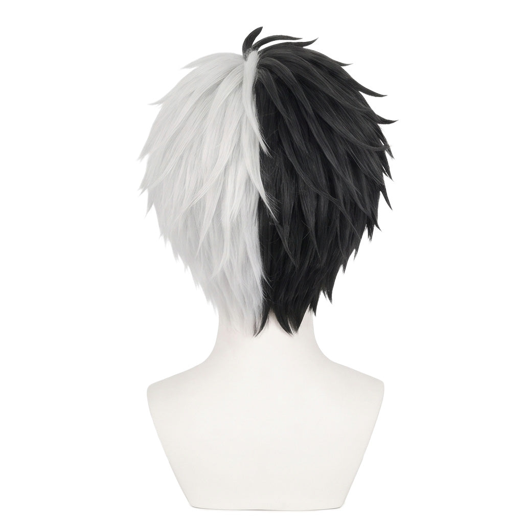 Back view of half black half white cosplay wig unstyled