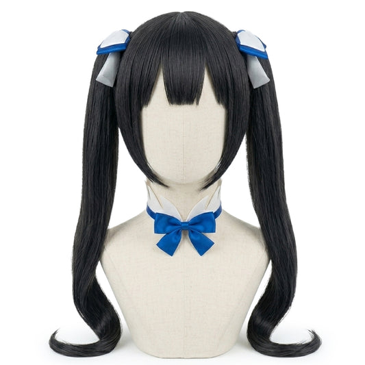 Front view of Hestia cosplay black wig 