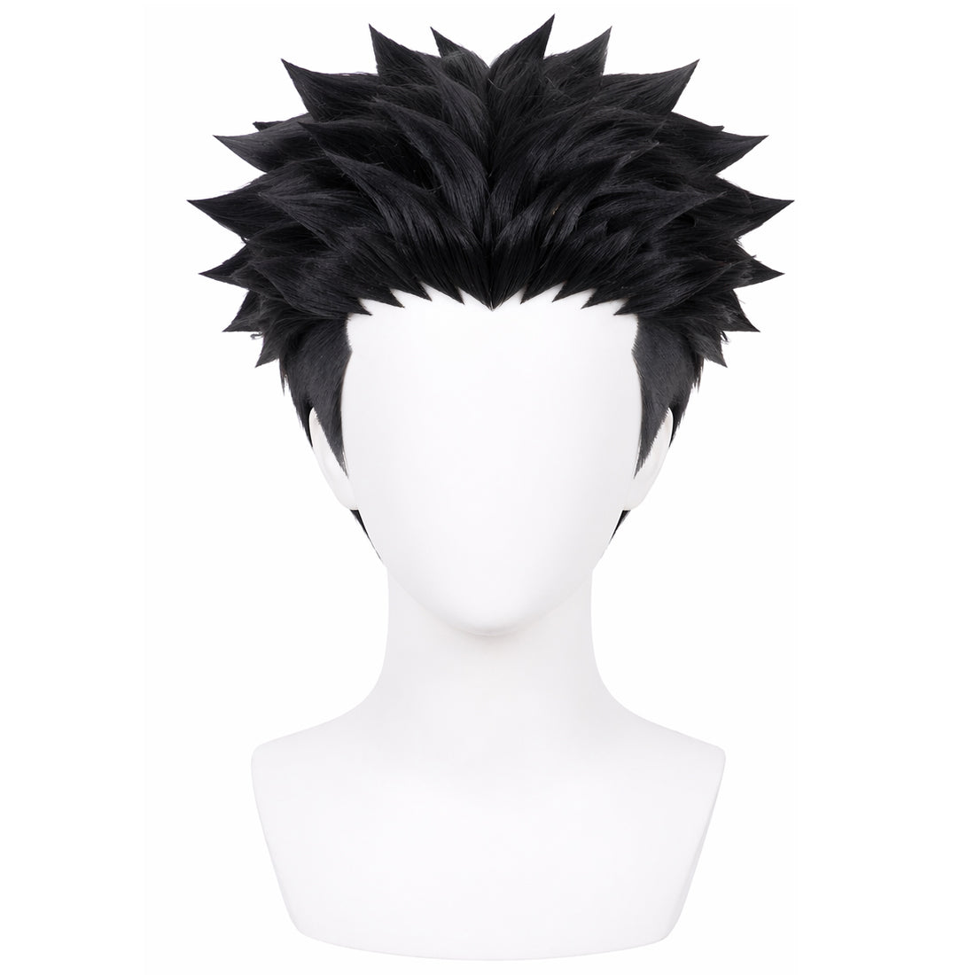 Front view of Himejima Gyomei cosplay wig with medium spiky black hair and shaved sides
