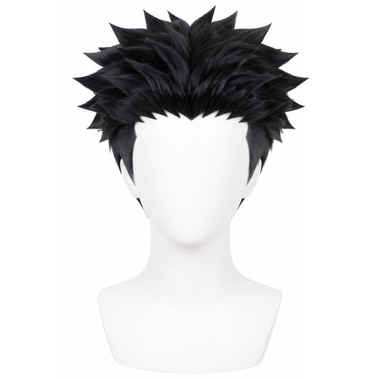 Front view of Himejima Gyomei cosplay wig with medium spiky black hair and shaved sides