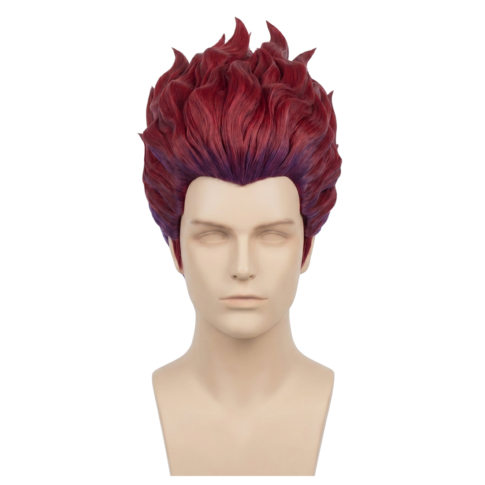 Front view of Hisoka Morow cosplay wig with dramatic upward-pointing red hair