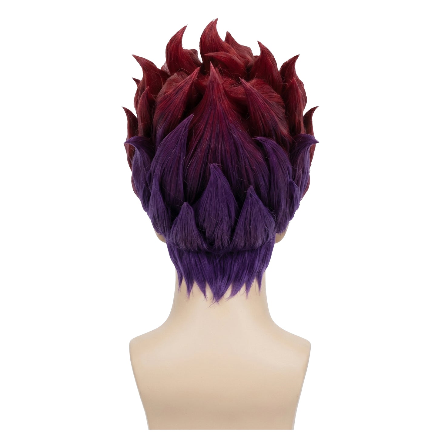 Back view of Hisoka Morow cosplay wig showing smooth upward hair and vibrant red color