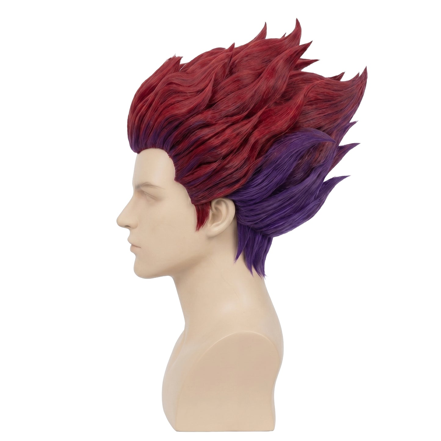 Side view of Hisoka wig showing height and layered styling