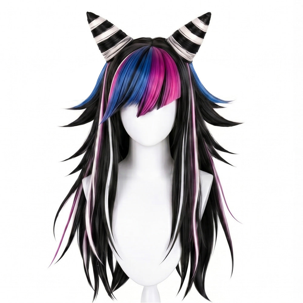 Front view of Ibuki Mioda cosplay wig with oni-style hair horns and layered bangs