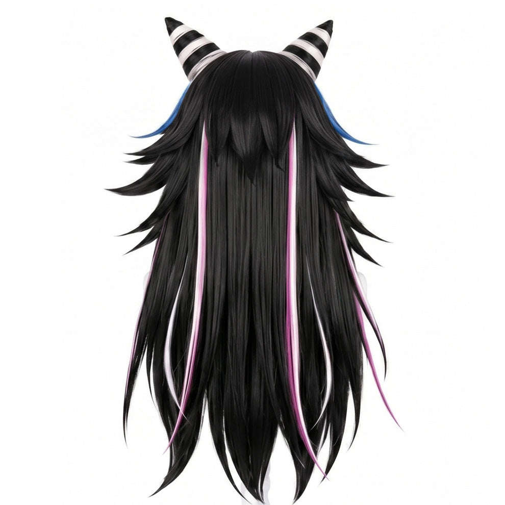 Back view of Ibuki Mioda cosplay wig with ultra-long black and white streaked hair