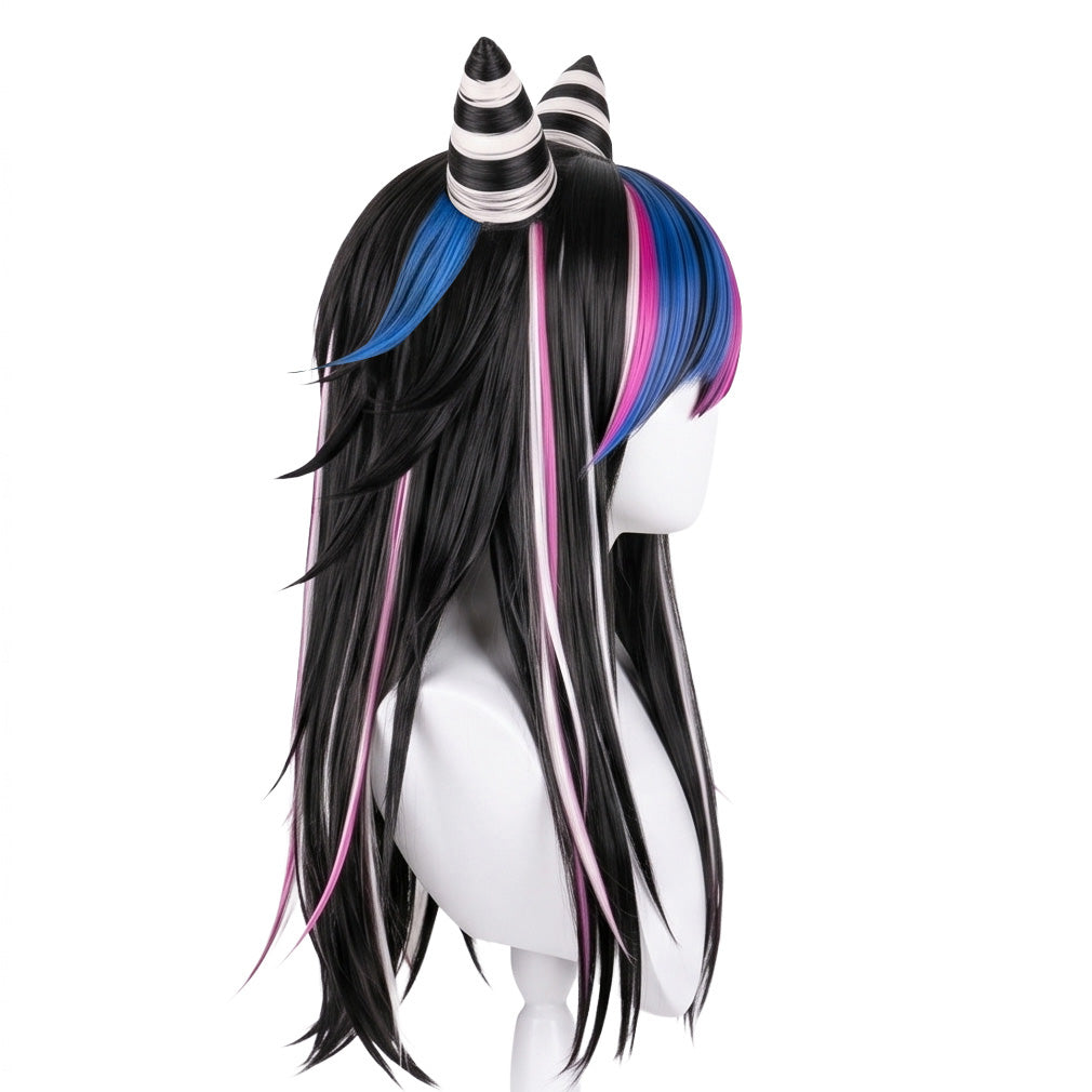 Side view of Ibuki Mioda wig showing blue streaks and twisted horn styling