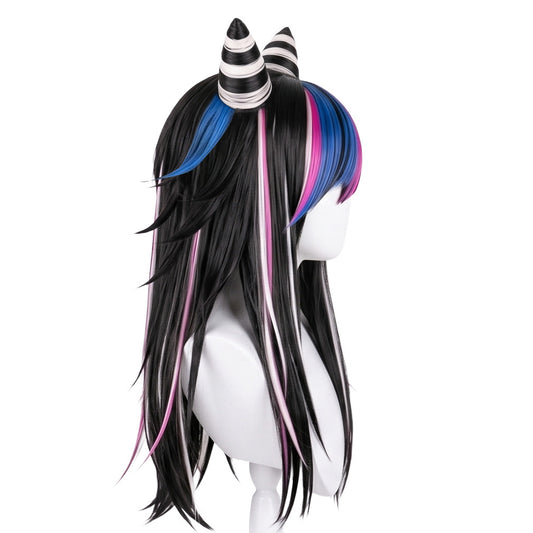 Side view of Ibuki Mioda wig showing blue streaks and twisted horn styling
