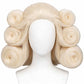 Styled look of Igaram cosplay blonde wig styled in voluminous curls on a mannequin head against a white background