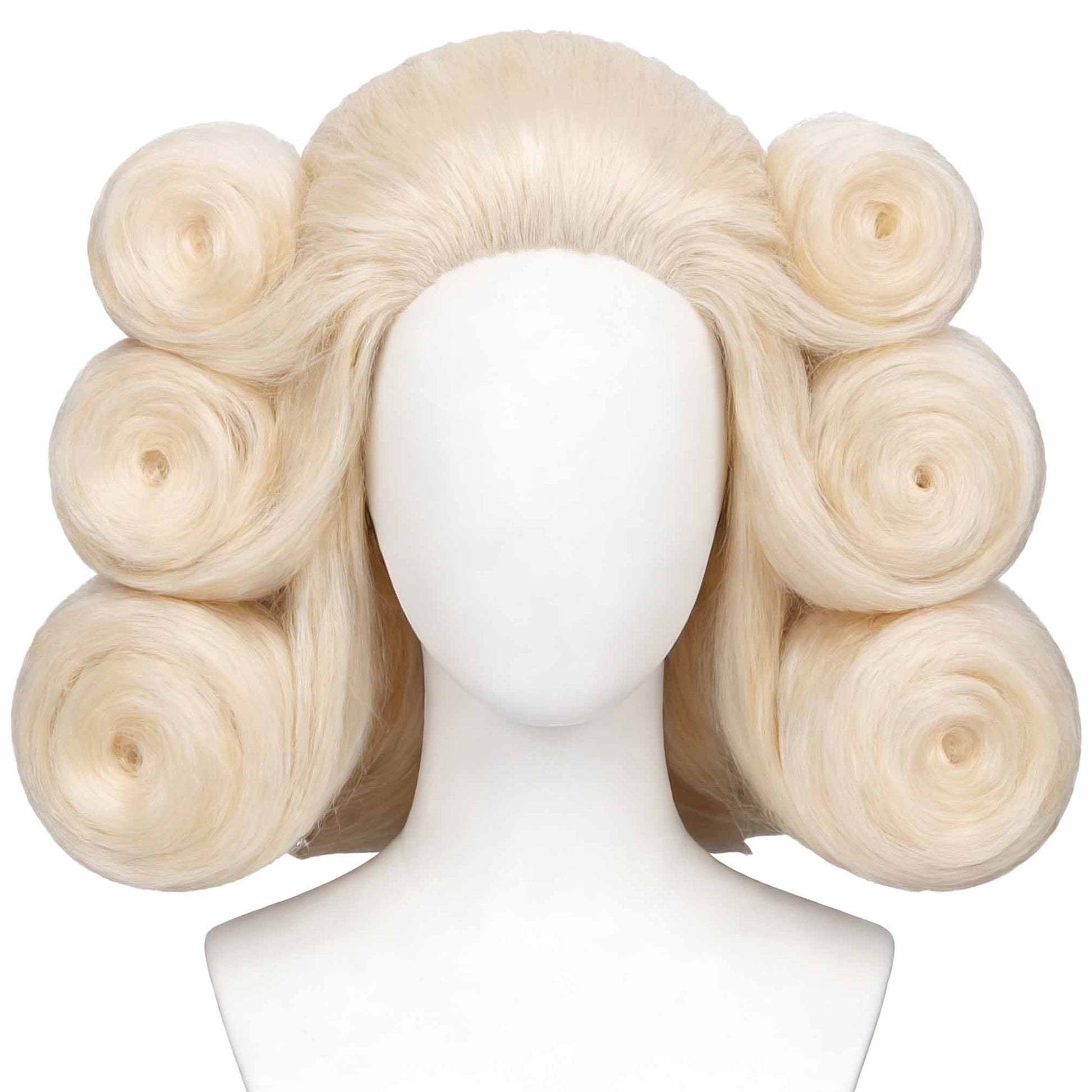Styled look of Igaram cosplay blonde wig styled in voluminous curls on a mannequin head against a white background