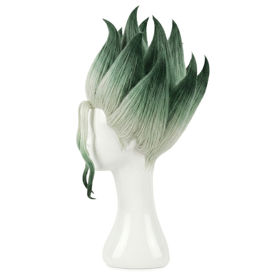 Side view of Senku Ishigami cosplay wig showing spiky green-tipped hair – Dr. Stone anime wig